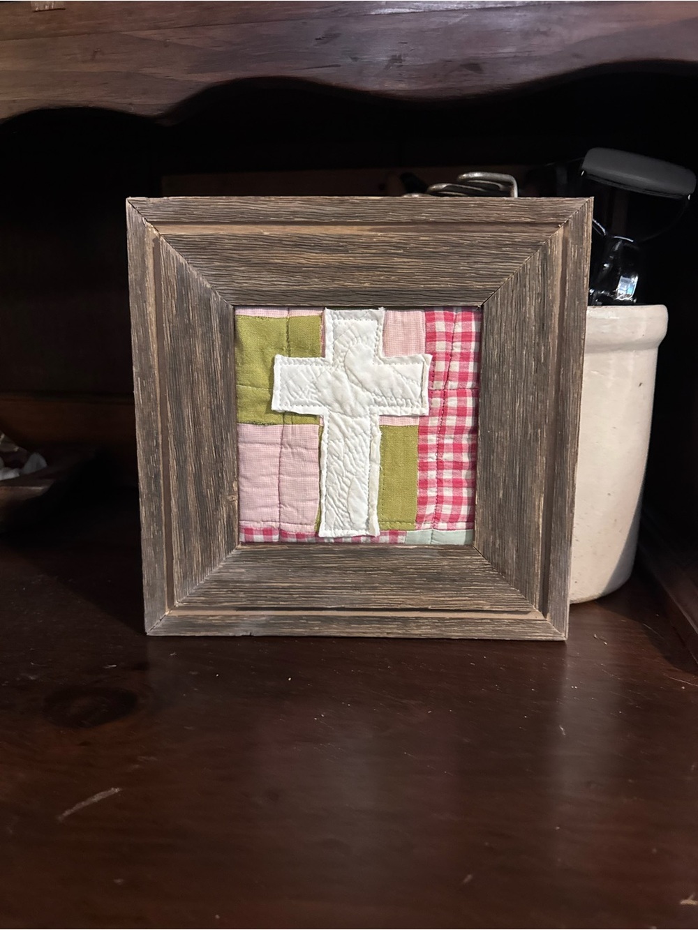 Framed Vintage Quilt Cross Wall Accent in Pink and Green